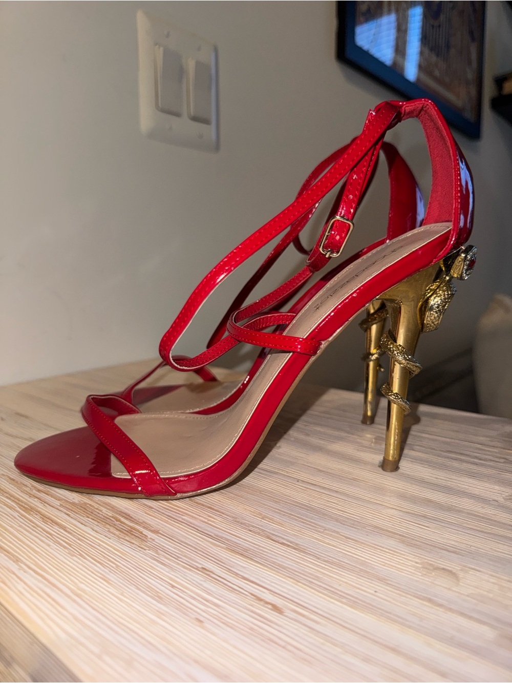 Red Strappy Patent High Heel Sandals with Gold Sculpted Snake Heel